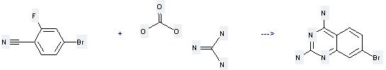 2,4-Quinazolinediamine,7-bromo- can be prepared by guanidine; carbonate (2:1) and 4-bromo-2-fluorobenzonitrile at the temperature of 150 °C